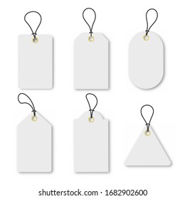 Set of empty white sale or price tags in different shapes with gold circles. Set of blank labels for discount, sale, price tags. Vector illustration eps 10