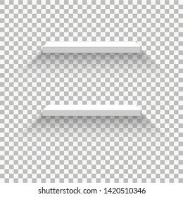 Set of empty white shelves isolated on transparent background. Vector design elements.