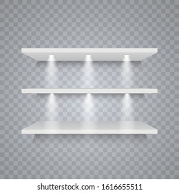 Set of empty white shelves isolated on transparent background. Vector design elements.
