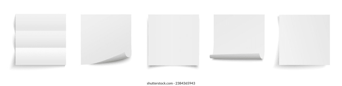 Set empty white sticky paper sheet, blank white paper opened, sticky paper sheet curled corner of with shadow - stock vector