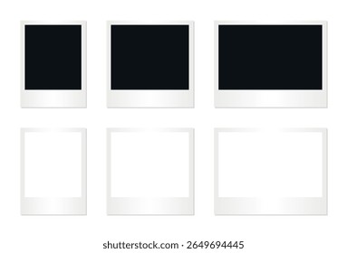 Set of empty white vintage instant photo frames with blank space isolated on transparent background for mockup design collage memory template display collection layout scrapbook decoration object