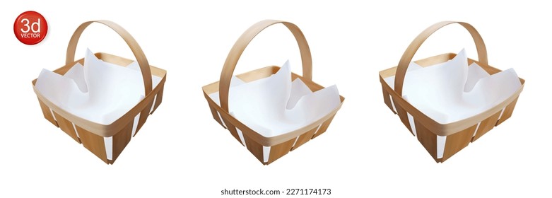 Set empty wicker basket isolated on white background. 3d vector realistic wooden box with napkin for show product. 