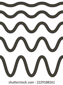Set of empty winding roads with marking. Top aerial view. Seamless highway template. Element of city or countryside roadway isolated on white background. Vector flat illustration