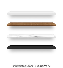 Set of empty wood, marble, white, black plastic shelf shelves. Vector illustration.