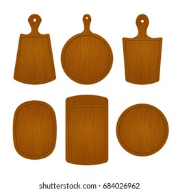 Set of empty wooden cutting boards in different shapes isolated on white background. Vector illustration of kitchen object. Template for menu, cafe or restaurant svg