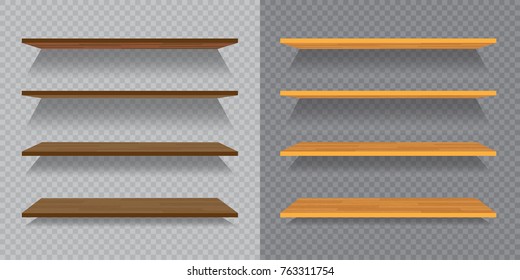 Set of empty wooden or plastic  shelves isolated on ckeckered background.