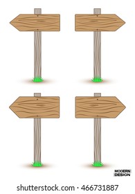 Set of empty wooden pointers of various sizes, to left and right. Guide arrow on white background. Vector