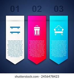 Set Estantes de madera vacíos, papelera y sofá. Plantilla de infografía de negocios. Vector
