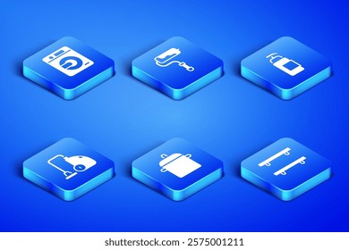 Set Empty wooden shelves, Washer, Cooking pot, Vacuum cleaner, Paint roller brush and Antibacterial soap icon. Vector