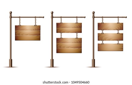 Set of Empty wooden signboards hanging on a chain isolated on white. Vector illustration