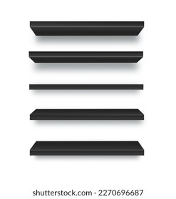Estantes vacíos de tiendas de madera con iluminación LED. Estante de producto con textura de madera y soporte de pared negro. Estante de compras. Vector