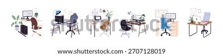 Set of empty workplaces. Vacant desks with desktop computers in office. Clean work tables of employees with armchairs. Modern workspaces. Flat isolated vector illustrations on white background.