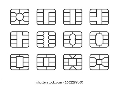 Juego de iconos de chip EMV. Ficha digital para tarjeta de crédito bancaria. Pago Nfc.