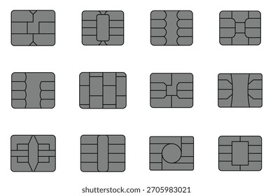 Set von EMV Chip Silber Icons. Kredit- und Debitkartenelemente Quadratische Computer-Mikrochips. Silber kontaktlose Zahlungskarten mit EMV-Chips. Intelligente Zahlungssicherheit, Vektorgrafik.