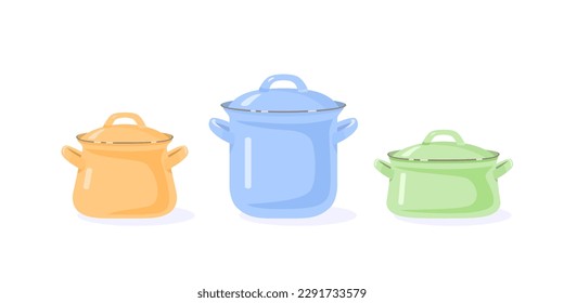 Set of enamel cooking pots with handles and lids of different sizes, heights and widths in gentle pastel colors: yellow, blue, and light green. Vector illustration of kitchen utensils, side view.  