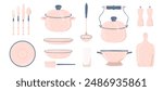 Set of enamel kitchen utensils in retro style. Set of cutlery, serving plate, saucepans with lids, spatula, cauldron, ladle, salt and pepper shaker and cutting board.