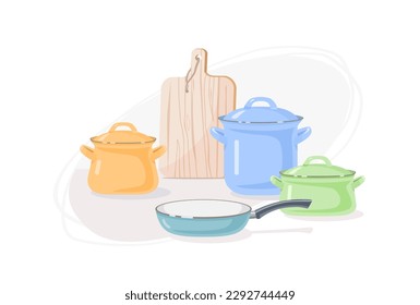 Set of enamelware consisting of three pastel-colored pots of different sizes and volumes, frying pan and wooden cutting board. Vector illustration of kitchen utensils. Side view. 