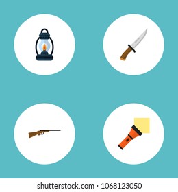 Set of encampment icons flat style symbols with lamp, knife, hunting rifle and other icons for your web mobile app logo design.