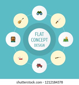 Set of encampment icons flat style symbols with map pin, hunting rifle, adventure car and other icons for your web mobile app logo design.