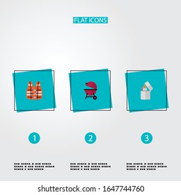 Conjunto de iconos de campamento símbolos de estilo plano con bbq, chaleco salvavidas, encendedor y otros iconos para el diseño del logo de la aplicación móvil web.