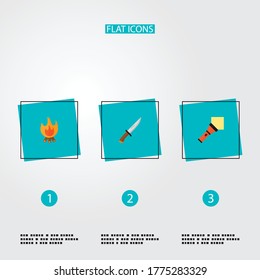Set of encampment icons flat style symbols with knife, pocket torch, bonfire and other icons for your web mobile app logo design.