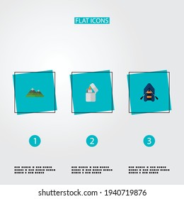 Set of encampment icons flat style symbols with rubber boat, mountains, lighter and other icons for your web mobile app logo design.