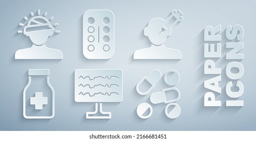 Set Encephalogram, Addiction To The Drug, Sedative Pills, Medicine Or Tablet,  And Concussion, Headache Icon. Vector