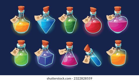 Set Of Enchanting Magic Potion Bottles, Each Delicately Crafted With Intricate Details And Vibrant Colors, Whimsy