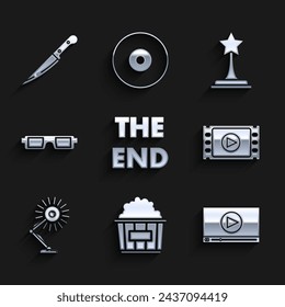 Set The End handwritten inscription, Popcorn cardboard box, Online play video, Play Video, Table lamp, 3D cinema glasses, Movie trophy and Knife icon. Vector