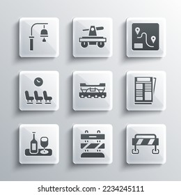 Set End of railway tracks, Road barrier, News, Cargo train wagon, Wine bottle with glass, Waiting room, Train station bell and Route location icon. Vector
