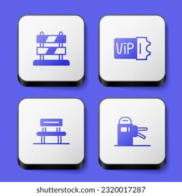 Set End of railway tracks, Train ticket, Waiting hall and Turnstile icon. White square button. Vector