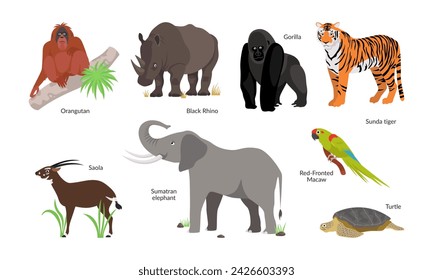 Set of endangered animal species of the world. Tiger, Black Rhino, saola, orangutan and others. Vector flat illustration