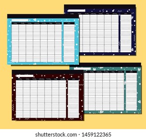 Set of endless glider with geometric pattern. Desk Calendar Template. Seven columns and a recording area. Four seasons. Blue, gray, brown background. In the style of memphis. Printable wall decor
