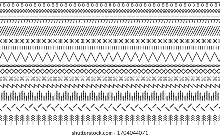 A set of endless sewing, stitches and embroidery with black threads. Pattern and border of stitches and sewing on fabric. Isolated vector illustration, craft concept.
