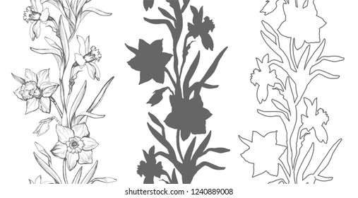 Set of endless texture with hand-drawn cute flowers Daffodils,Narcissus on white background. Seamless border.For create floral banner, blank, greeting card, postcard/. vector illustration.