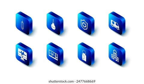 Set Enema, Life insurance in hand, Emergency car, Medical hospital building, Eye drop bottle, Monitor with cardiogram,  and Syringe icon. Vector