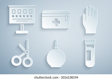 Set Enema, Medical Rubber Gloves, Scissors, Test Tube With Blood, First Aid Kit And Eye Test Chart Icon. Vector