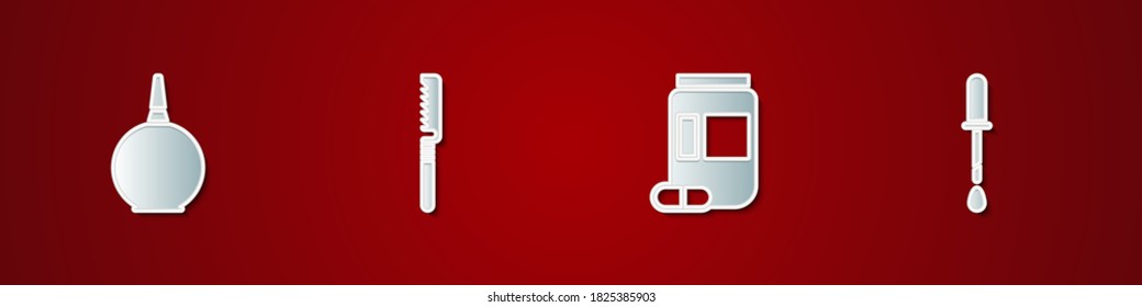 Set Enema, Medical saw, Medicine bottle and pills and Pipette icon. Vector.