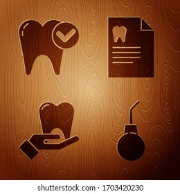 Set Enema pear, Tooth whitening concept, Tooth and Clipboard with dental card on wooden background. Vector