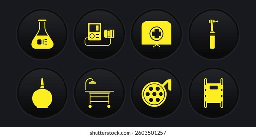 Set Enema, Tooth drill, Operating table, Surgery lamp, Nurse hat with cross, Blood pressure, Stretcher and Test tube and flask icon. Vector