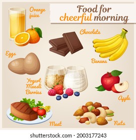 Set of energizing food for cheerful morning cartoon illustration. Breakfast snacks vector icons collection