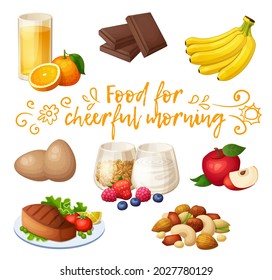 Set of energizing food for cheerful morning cartoon illustration. Breakfast snacks vector icons isolated on white background collection