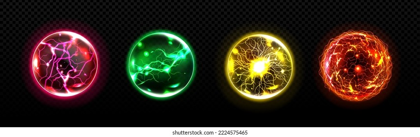 Set of energy balls with lightning effect in red, orange, yellow and green colors. Electrical discharge bundle png. Magic power. Realistic vector illustration isolated on transparent background