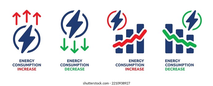 Set of energy consumption increase and decrease icon. Electricity, power or utility bill increase and decrease symbol. Solid icons vector collection.