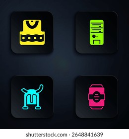 Set Energy drink, Waistcoat, Viking horned helmet and Computer. Black square button. Vector