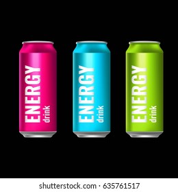 A set of energy drinks in tin cans. Summer cooling drinks. Vector 3d illustration