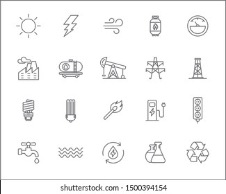 Set of energy and ecology Icons line style. Included the icons as Energy industry, solar panels,  green energy, oil, solar power, socket, bulb, wind power generation, wind turbine and more.