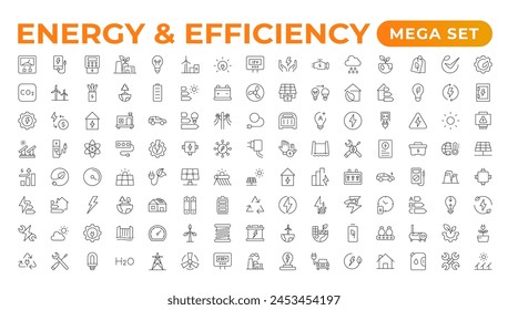 Set of Energy and Ecology line icons set. outline with editable stroke collection. Includes Eco Home, Nuclear Energy, Power Plant, Solar Energy.Simple set about energy efficiency and saving.