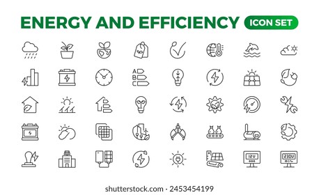 Set of Energy and Ecology line icons set. outline with editable stroke collection. Includes Eco Home, Nuclear Energy, Power Plant, Solar Energy.Simple set about energy efficiency and saving.