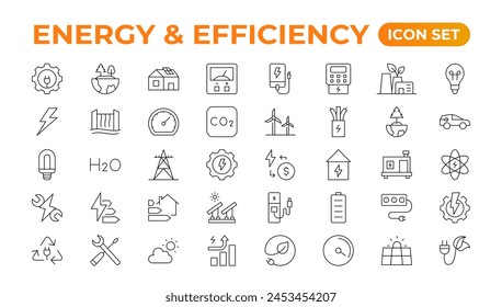 Set of Energy and Ecology line icons set. outline with editable stroke collection. Includes Eco Home, Nuclear Energy, Power Plant, Solar Energy.Simple set about energy efficiency and saving.